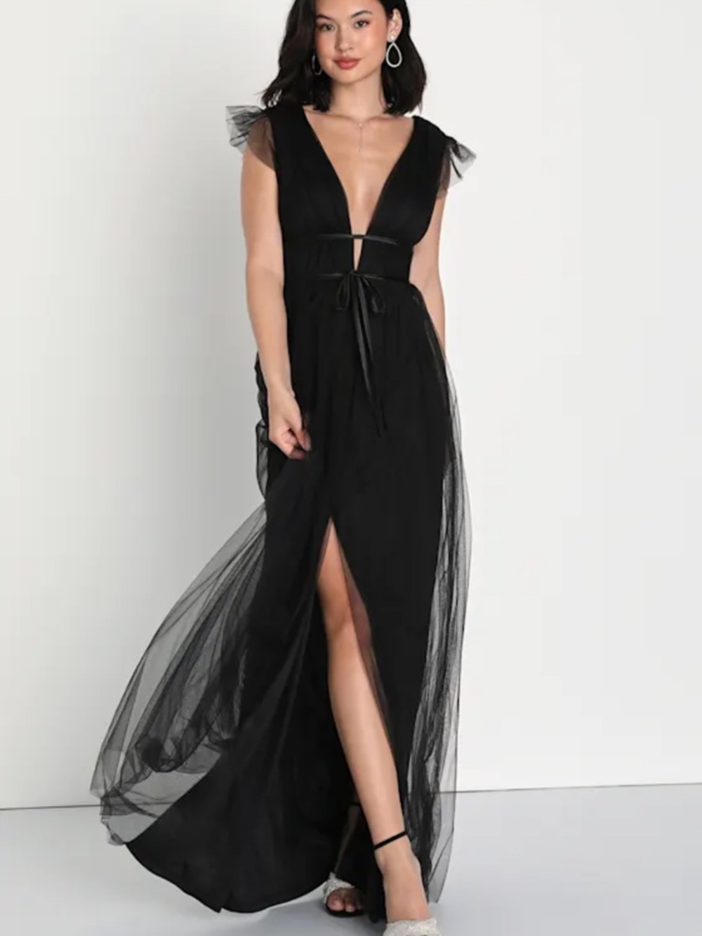 Lulu's Black Plunge V-Neck Tulle Maxi Dress